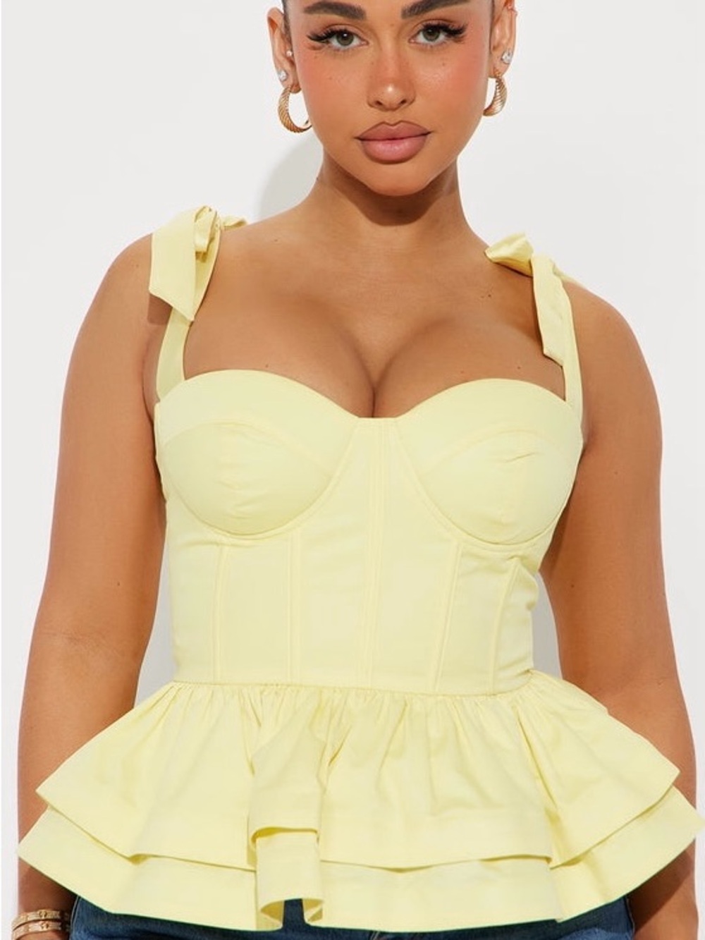 Fashion Nova Yellow Tie-Strap Peplum Bustier Top